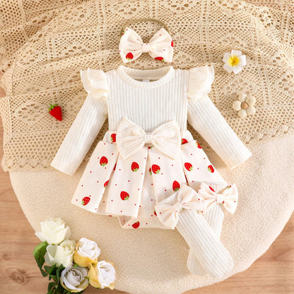Erdbeere Baby Mädchen Bodysuit mit Socke Bogen Stirnband Neugeborenen Langarm Bodysuit Herbst Winter Frühling Overall Fotografie Requisiten Kleidung
