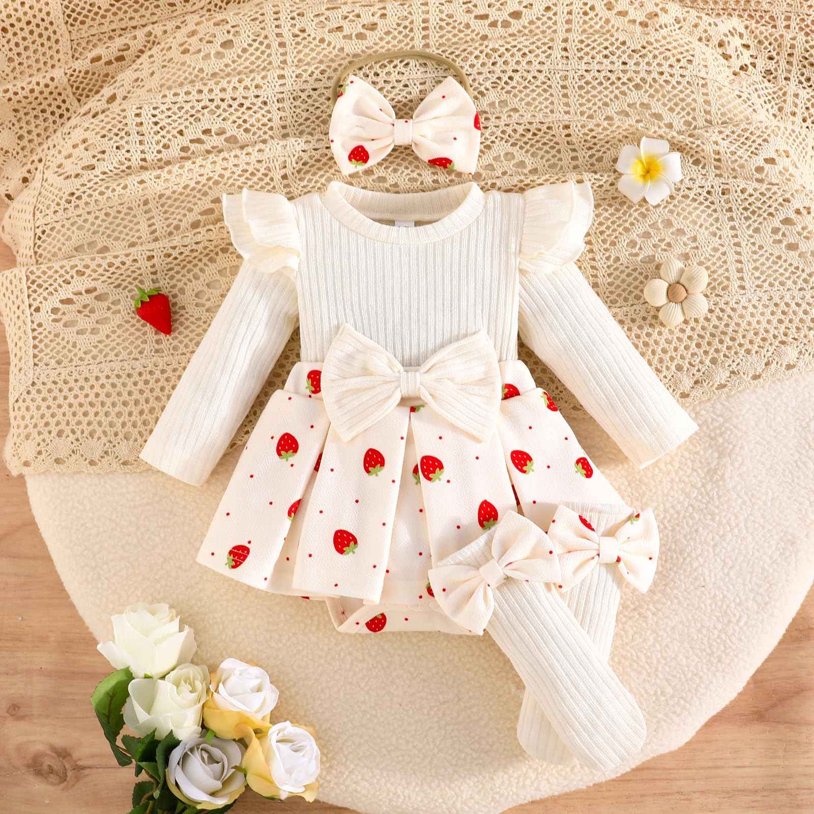 Winmany Strawberry Baby Girls Bodysuit with Sock Bow Headband Newborn Long Sleeve Bodysuit Autumn Winter Spring Jumpsuit Photography Props Clothes