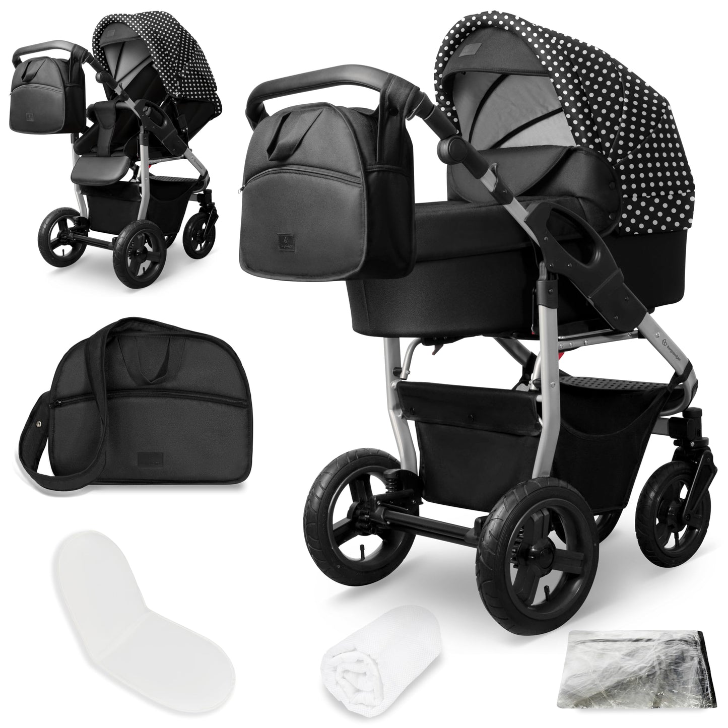Bergsteiger Capri 3-in-1 Combination Pushchair - Baby Carrier, Sports Seat & i-Size Baby Seat, Pneumatic Tyres, Suspension, Height-Adjustable Handle, Foldable, Accessories