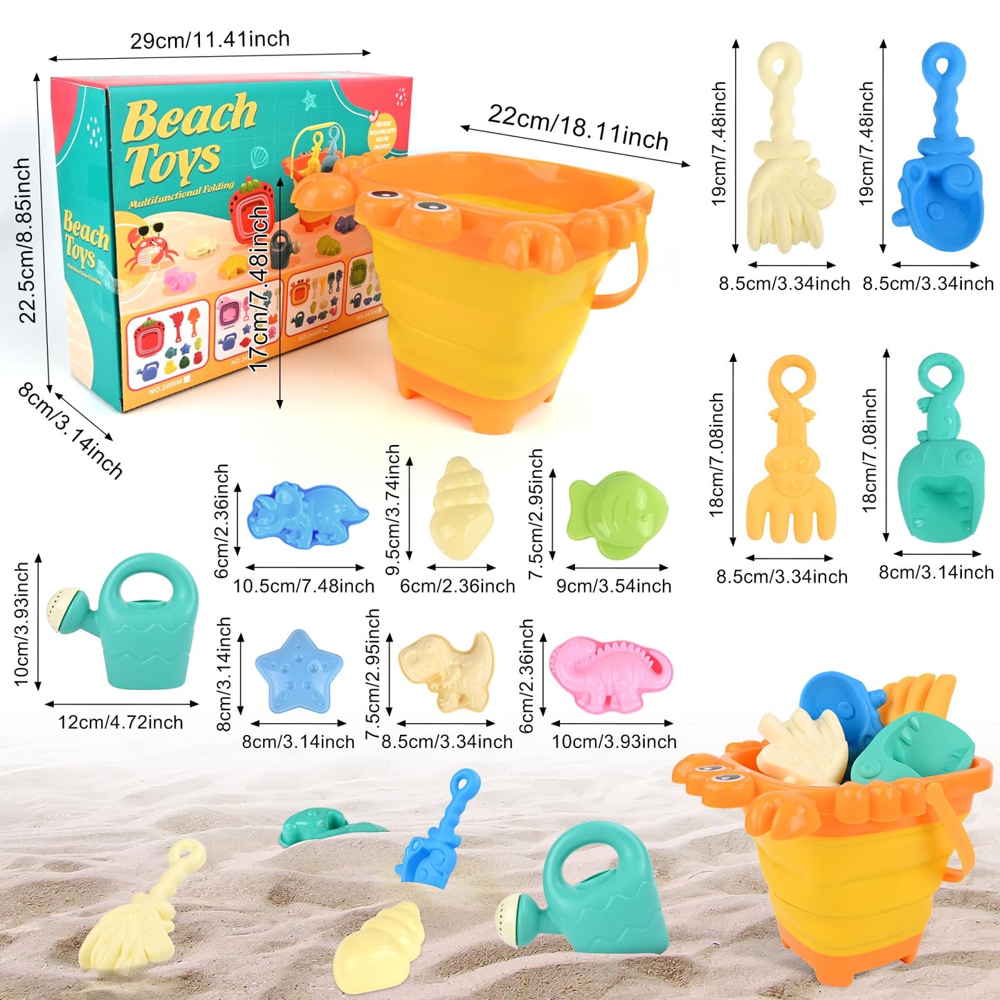 Euakee Sand Toy for Children, 11 Pieces Sand Toys with Foldable Bucket, Sanity Toy Set, Sand Toy Beach, Sandpit Toy for Children 3 4 5 6 7 Years (Orange)