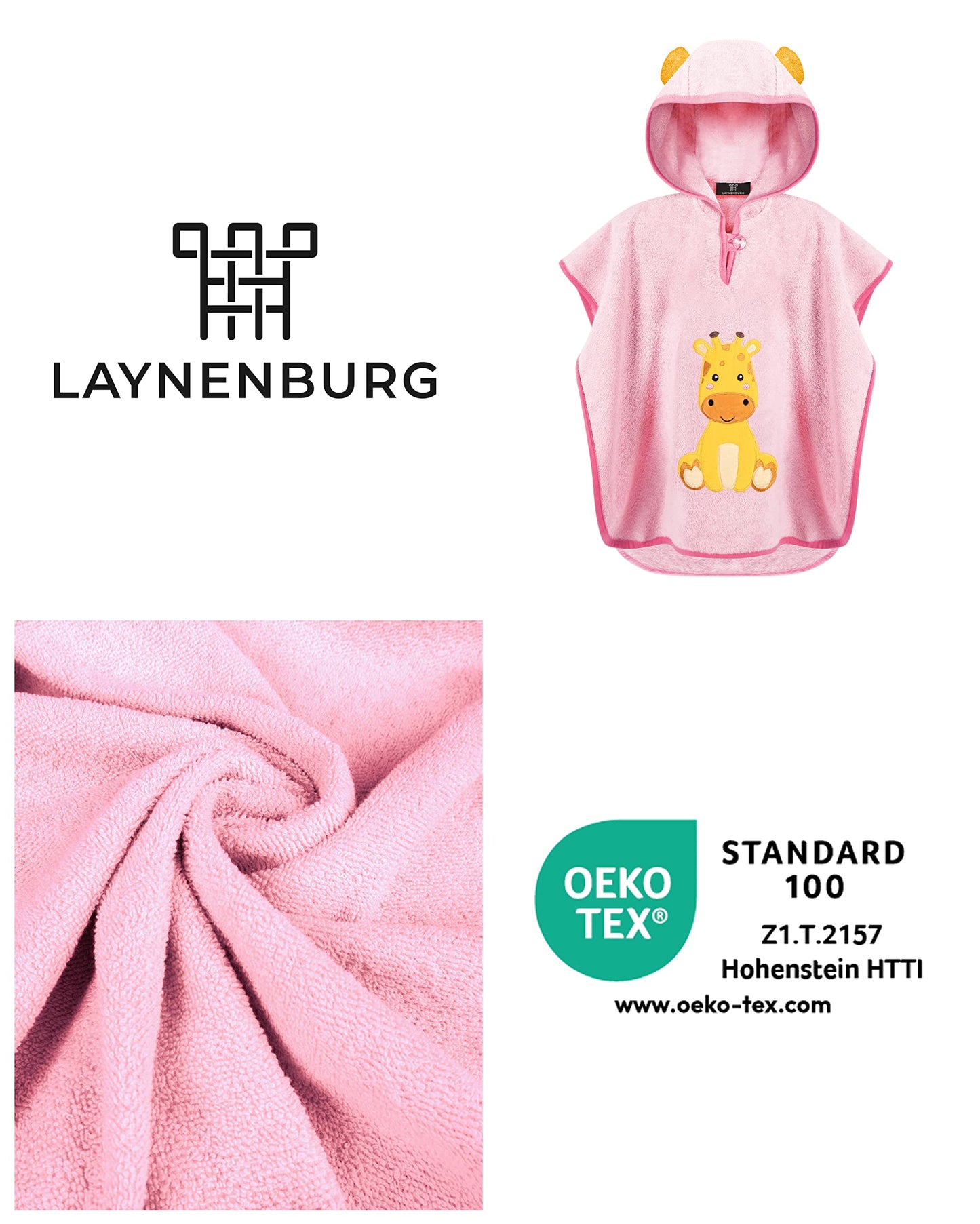 LAYNENBURG Premium Badeponcho Kinder mit Kapuze - 100% Baumwolle - OEKO TEX - Baby Jungen Mädchen Handtuch Poncho Frottee