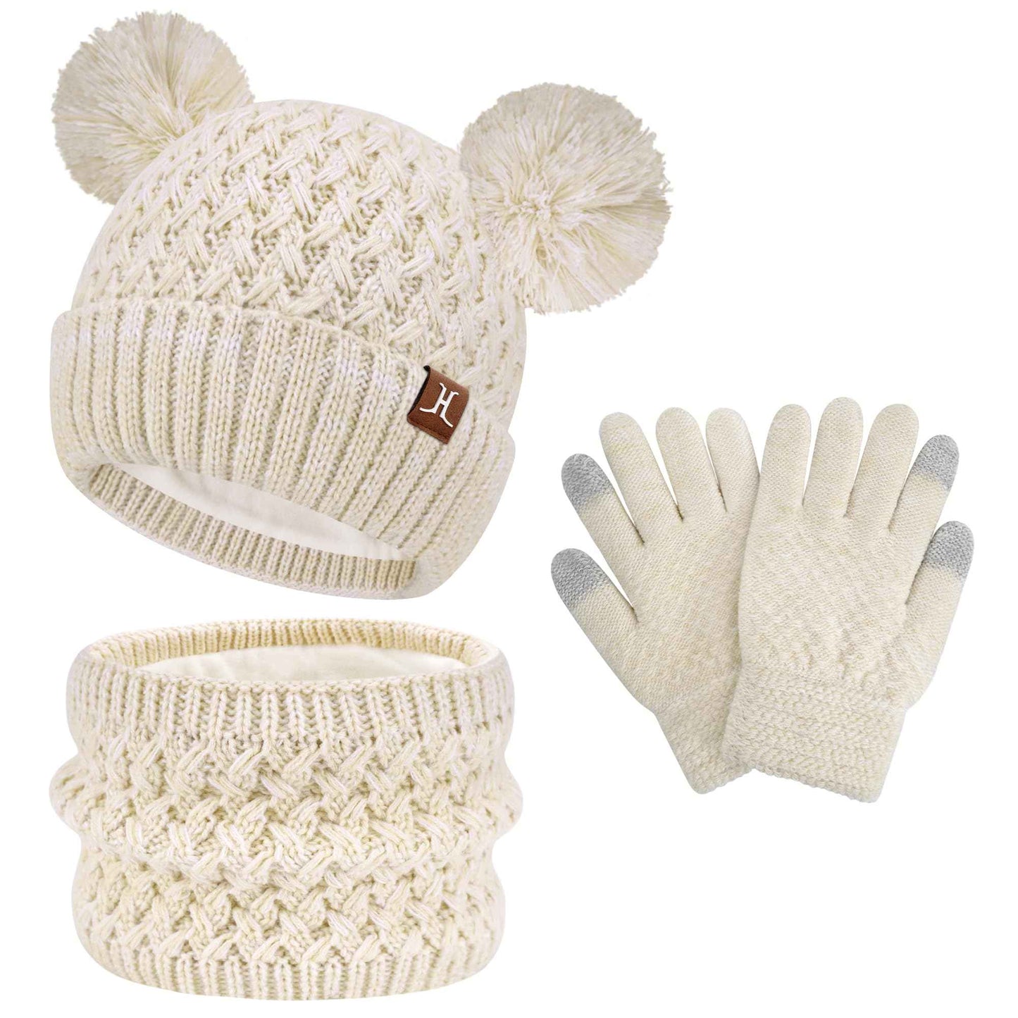Children's Winter Hat Loop Scarf Touchscreen Gloves Set 2 3 4 5 6 7 Years Toddler Winter Hat Beanie Tube Scarf Knitted Pom Hats Gift Girls Boys