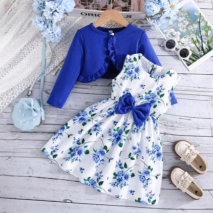 Yanmucy Kleine Mädchen Kleider mit Strickjacke Sets Baby Mädchen Kleider Kleinkind Kinder Langarm Ruffle Mantel Mädchen Kleidung für 2-8 Jahre