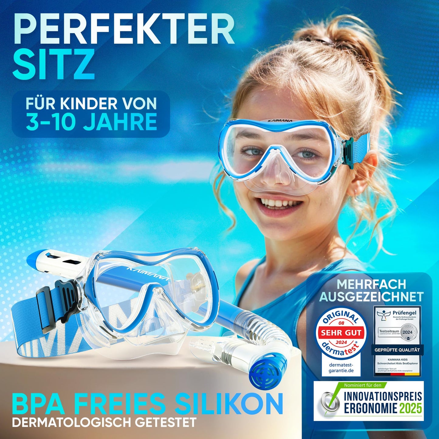 Das Neue KAIMANA® SeaExplorer Schnorchelset Kinder + Tragetasche, Taucherbrille mit Schnorchel, Taucherbrille Kinder, Alternative zur Schnorchelmaske Kinder, Taucherbrille mit Stoffband/Silikonband