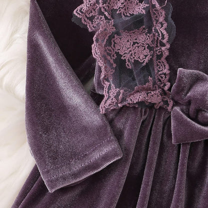 Baby Dress Girls Long Sleeve Lace A Line Princess Velvet Dress + Headband Wedding Festive Autumn Winter Clothing