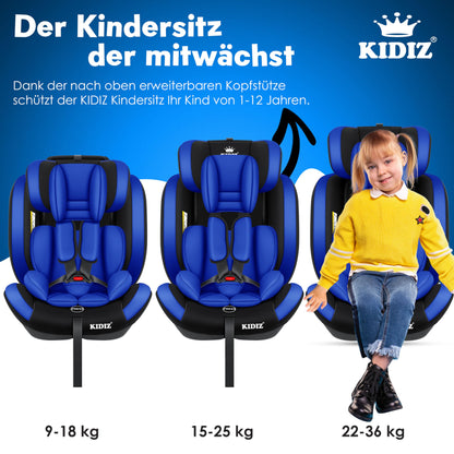 KIDIZ® Autokindersitz Kinderautositz Gruppe 1+2+3 9-36 kg 5-Punkt-Sicherheitsgurt, Autositz, Kindersitz, Einstellbare Kopfstütze, Mitwachsende Sitzerhöhung 1-12 Jahre, Stabil und Sicher