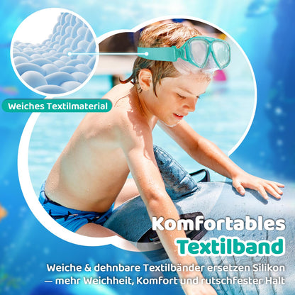 Vvinca Swimming Goggles for Kids with Nose Guard and Fabric Strap, Shatterproof, Anti-Fog and Waterproof for Children 3-14 Years