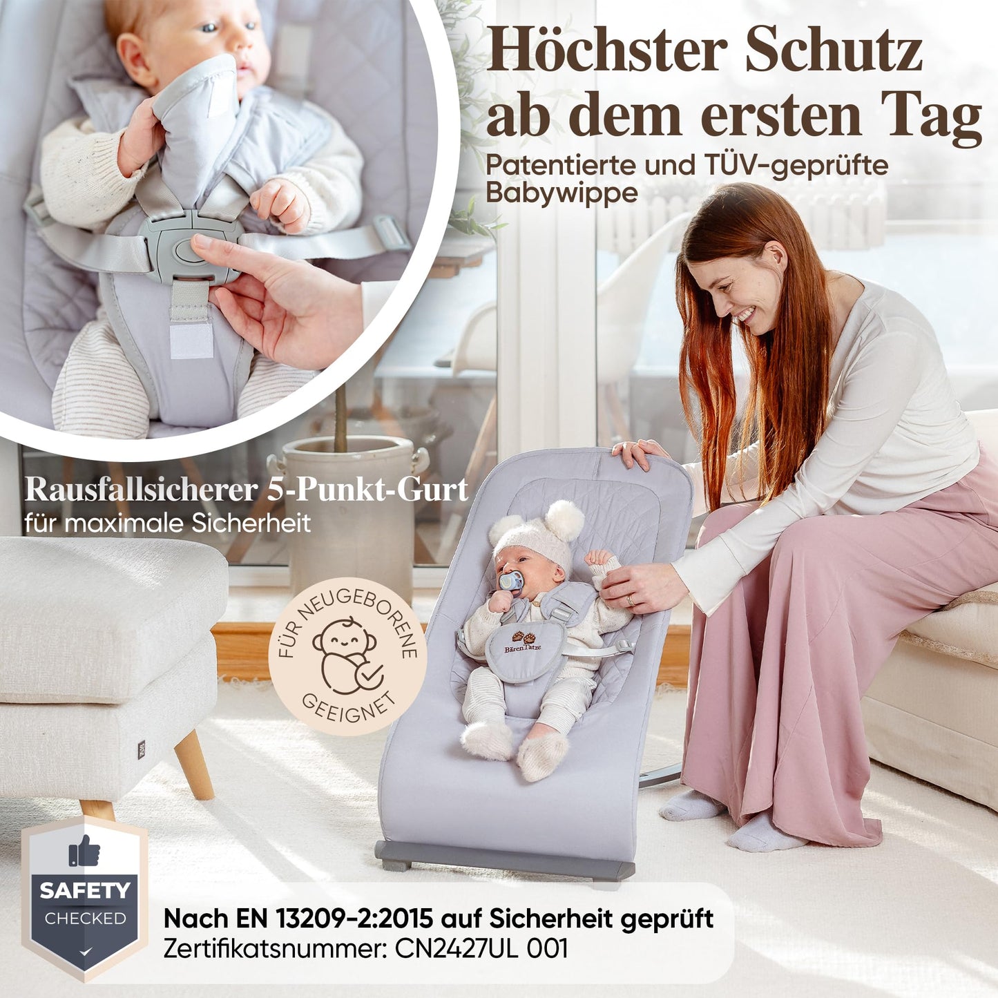 BärenTatze Baby Rocker Newborn from Birth, Ergonomic, Height Adjustable with Play Arch and Storage Bag, Baby Swing, Baby Bouncer, Swing, Cradle, Rocker, Grey Quilted Pattern