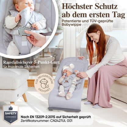BärenTatze Baby Rocker Newborn from Birth, Ergonomic, Height Adjustable with Play Arch and Storage Bag, Baby Swing, Baby Bouncer, Swing, Cradle, Rocker, Grey Quilted Pattern