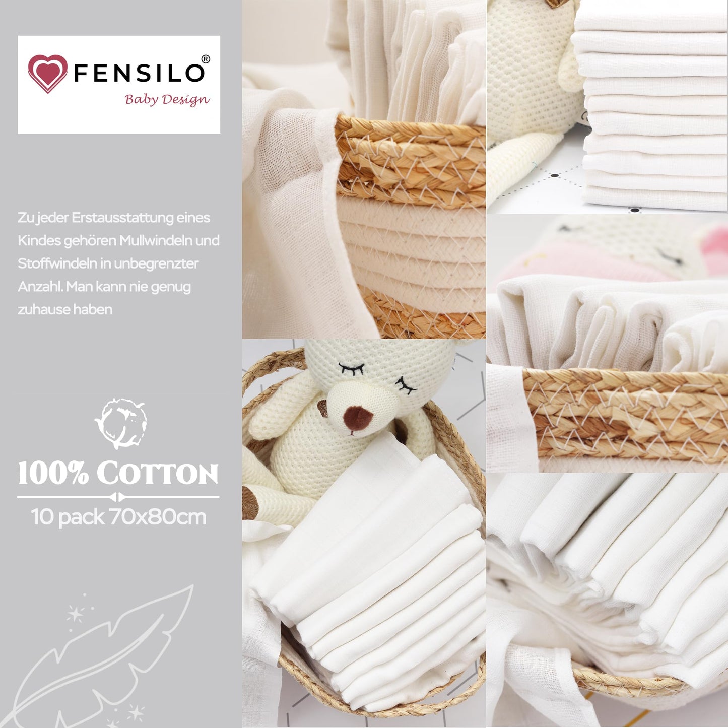 FENSILO - Mulltücher - Mullwindeln - 10er Pack 70x80 cm - Stoffwindeln, Made IN EU, schadstoffgeprüft - Spucktücher Set für Mädchen – Baby Mullwindeln- Rosa - Oeko-TEX Zertifiziert
