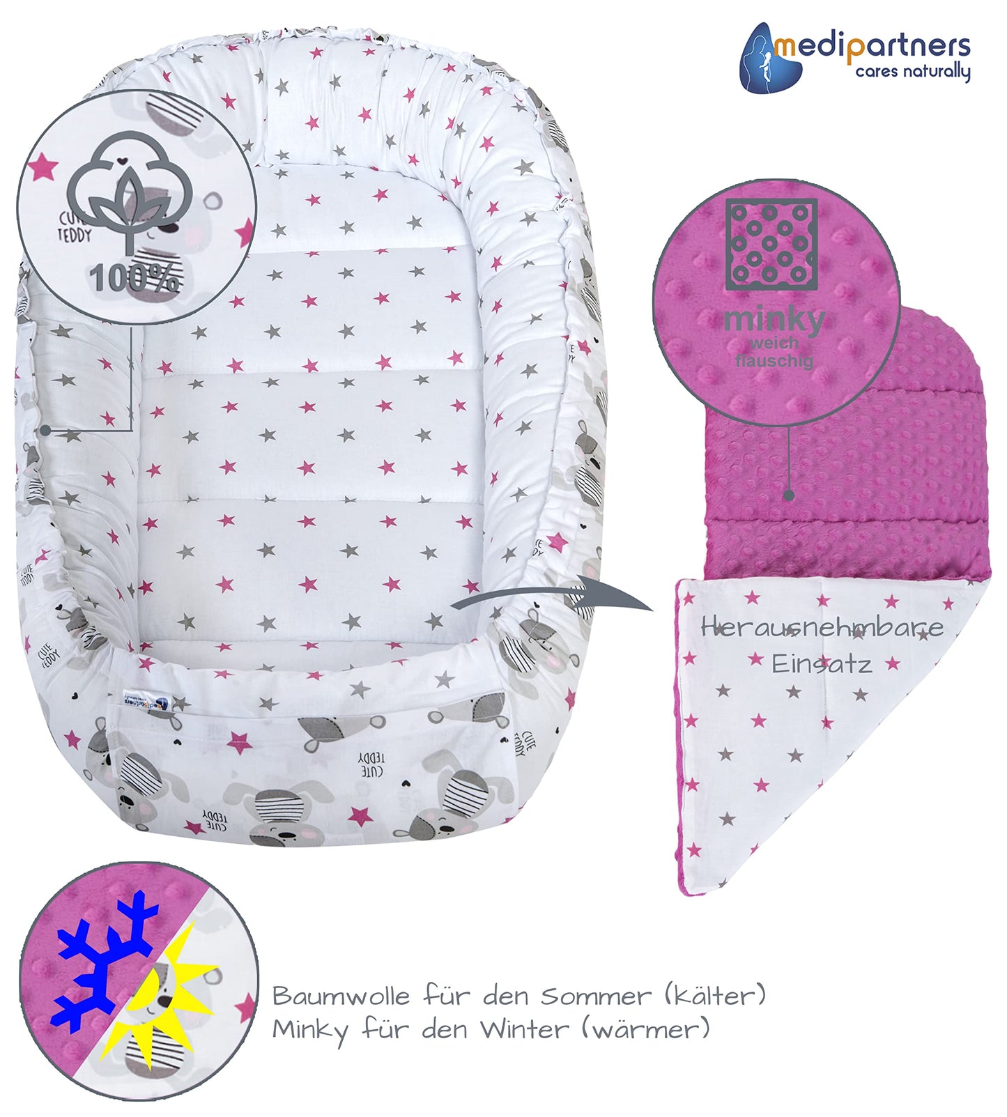 Medi Partners Babynestchen Babynest Set 100x60x15 Kuschelnest 5 teilig herausnehmbarer Einsatz Kokon Nestchen Babys Neugeborene 100% Baumwolle (REH mit Grauem Minky)