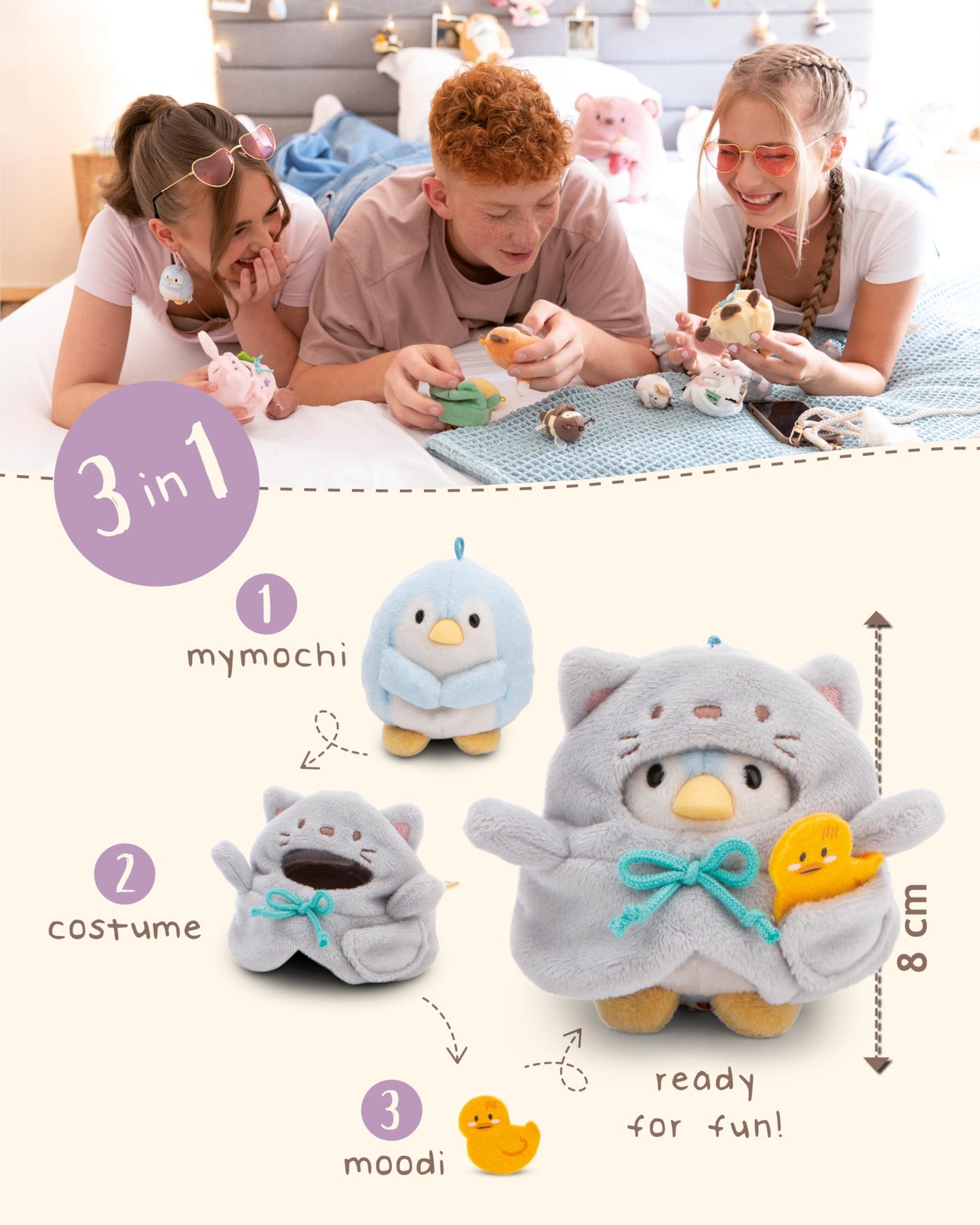 NICI MYMOCHI Kuscheltier Set - Kuscheltier Bär Nomo 8 cm mit Pommes und Bienenkostüm in Geschenkbox, Flauschiges Stofftier zum Kuscheln, Spielen und Liebhaben - 61142