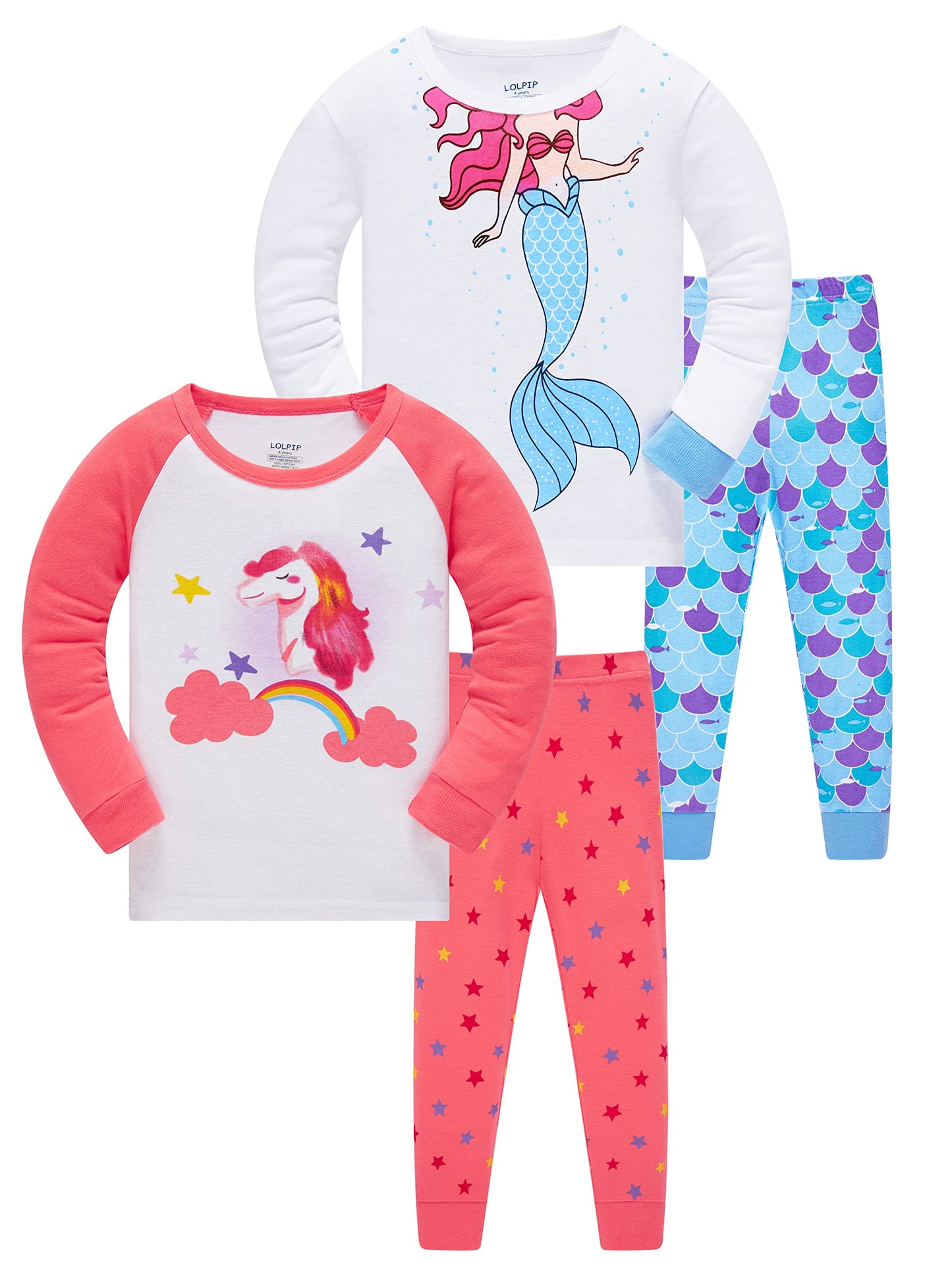 LOLPIP Mädchen Pyjamas 100% Baumwolle Schlafanzug für Kinder Schlafkleidung Langarm 4 Stück Set 1-12 Jahre