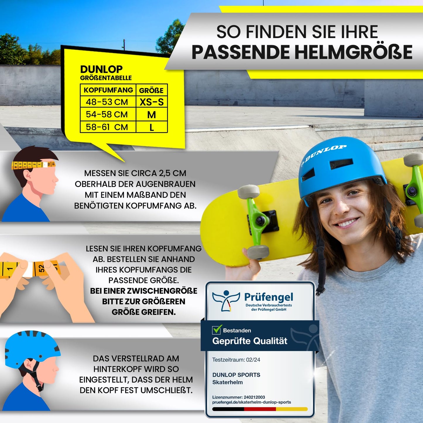 DUNLOP SPORTS Fahrradhelm Kinder Jugendliche Erwachsene - Test Sehr Gut - Leichter robuster Urban Allrounder Helm, 14 Fach belüftet, Schnellverschluss, Auto Kopfanpassung