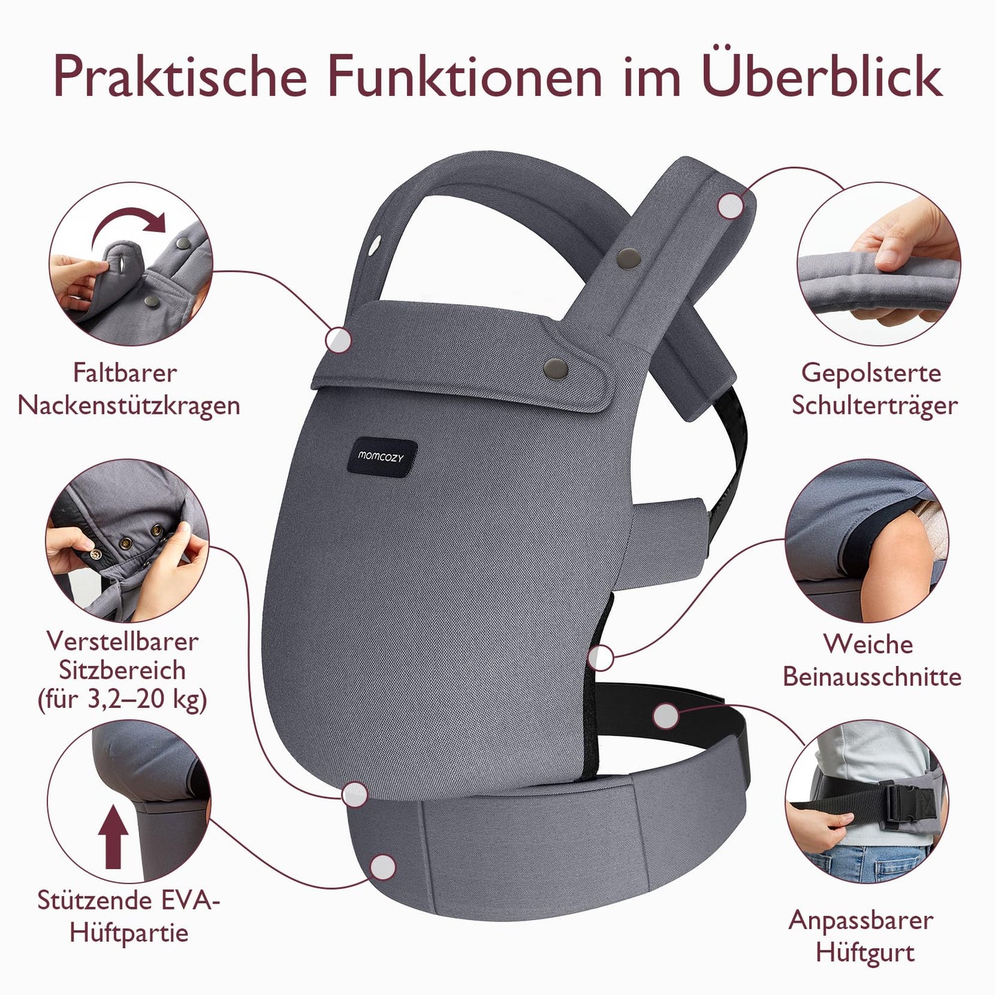 Momcozy Babytrage aus 100% Baumwolle – Baby Carrier für Kleinkind (3-24 Monate, 3,2-20 kg) · Ergonomische M-Position · X-Rücken · Taillengurt 64-127cm, Khaki