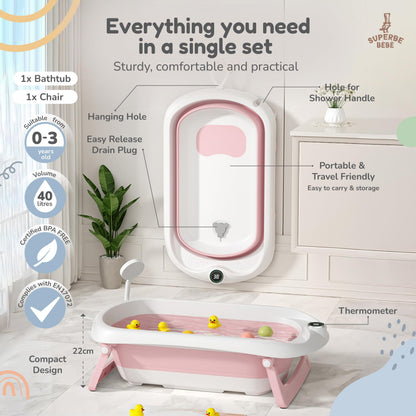 Faltbar Baby Badewanne Mit Rutschfestem Badekissen - Babywanne XXL Mit Baby Badewannensitz & Badethermometer - Von Der Geburt Bis 3 Jahre - Baby Bathtub - Geburtsgeschenke Für Mädchen & Jungen