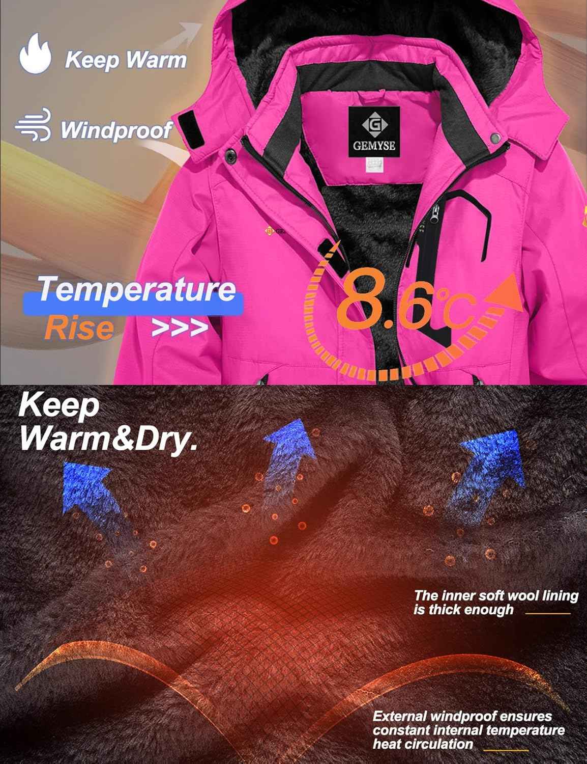 Gemyse Boys' Waterproof Ski Jacket, Windproof Fleece Jacket, Outdoor Winter Jacket, Rain Jacket with Hood