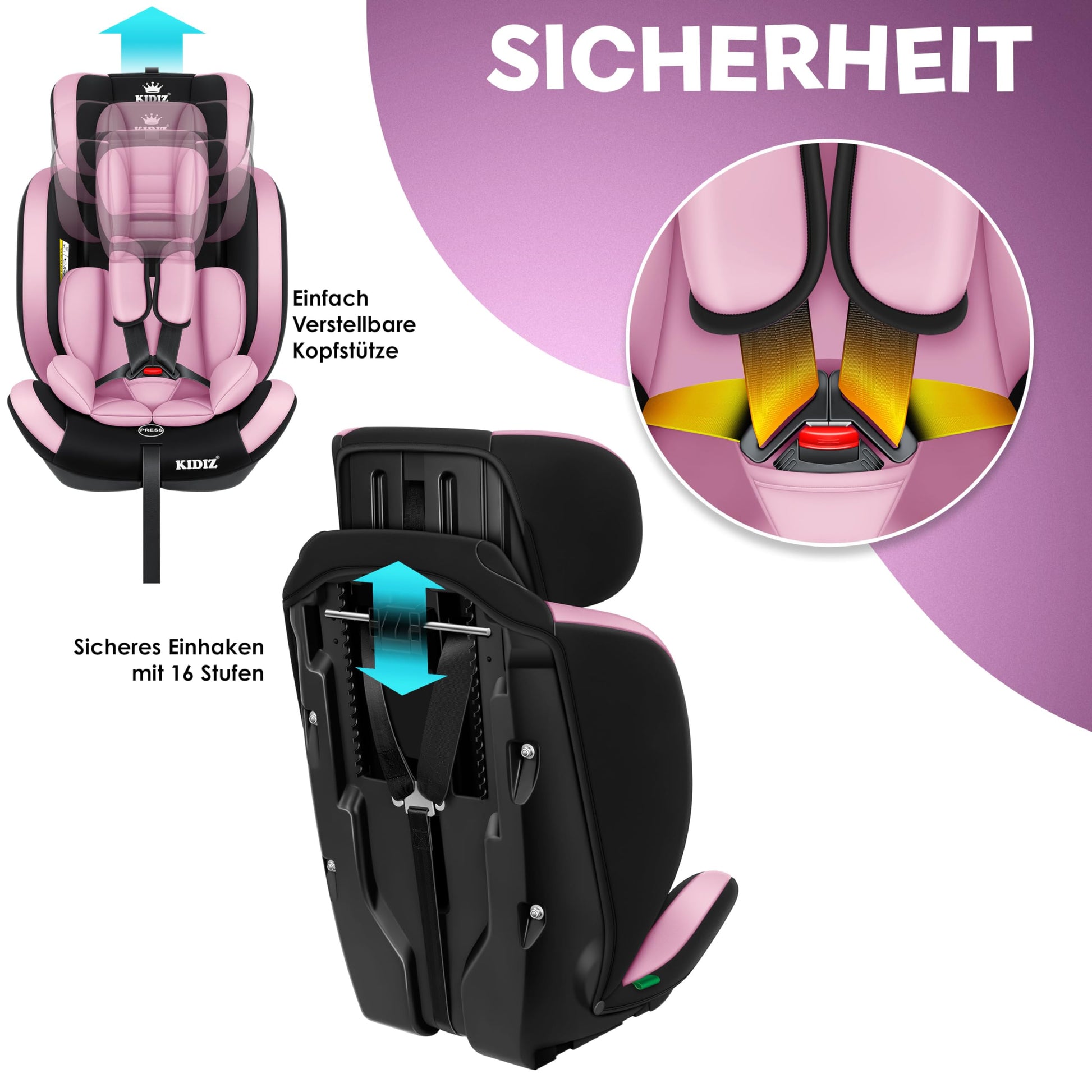 KIDIZ® Autokindersitz Kinderautositz Gruppe 1+2+3 9-36 kg 5-Punkt-Sicherheitsgurt, Autositz, Kindersitz, Einstellbare Kopfstütze, Mitwachsende Sitzerhöhung 1-12 Jahre, Stabil und Sicher - Meloni2