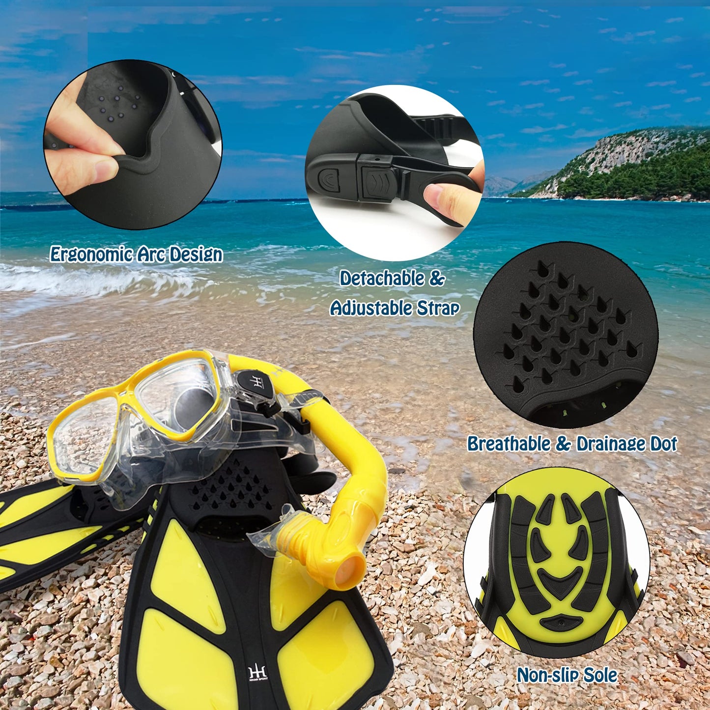 HH HHAO SPORT Children's snorkel set with fins, 180° panorama wide view diving goggles children, adjustable flippers, high-quality diving mask and dry top snorkel