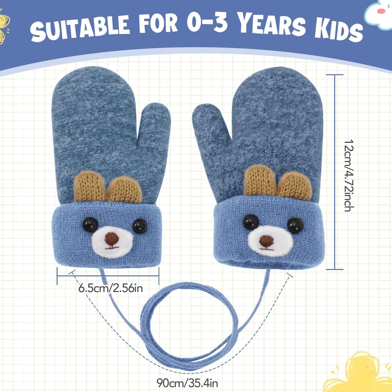 Becellen Fäustlinge Baby, Warme Weiche Kleinkind Strickhandschuhe mit Schlüsselband Niedliche Cartoon-Musterdesign Fäustlinge Baby Doppelt Winter Handschuhe für 0-3 Jahre Jungen Mädchen
