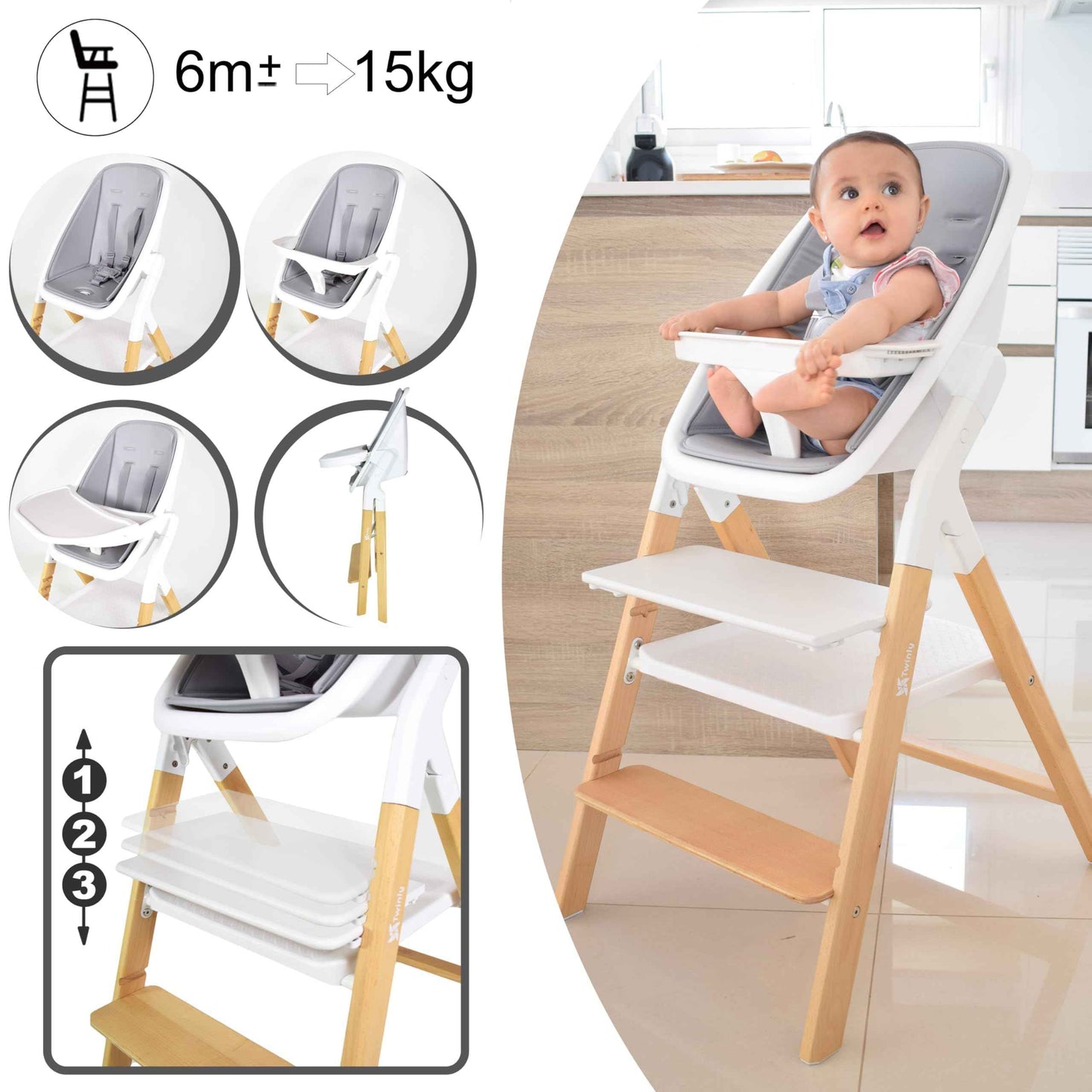 Baby Hochstuhl Set 5in1: multifunktional Alaia, Lernturm, Kinderstuhl - ab Geburt 0m+ - Faltbar und ergonomisch aus Buchenholz – Abnehmbare Tischplatte und Sicherheitsgurt