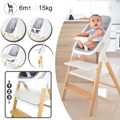 Baby Hochstuhl Set 5in1: multifunktional Alaia, Lernturm, Kinderstuhl - ab Geburt 0m+ - Faltbar und ergonomisch aus Buchenholz – Abnehmbare Tischplatte und Sicherheitsgurt