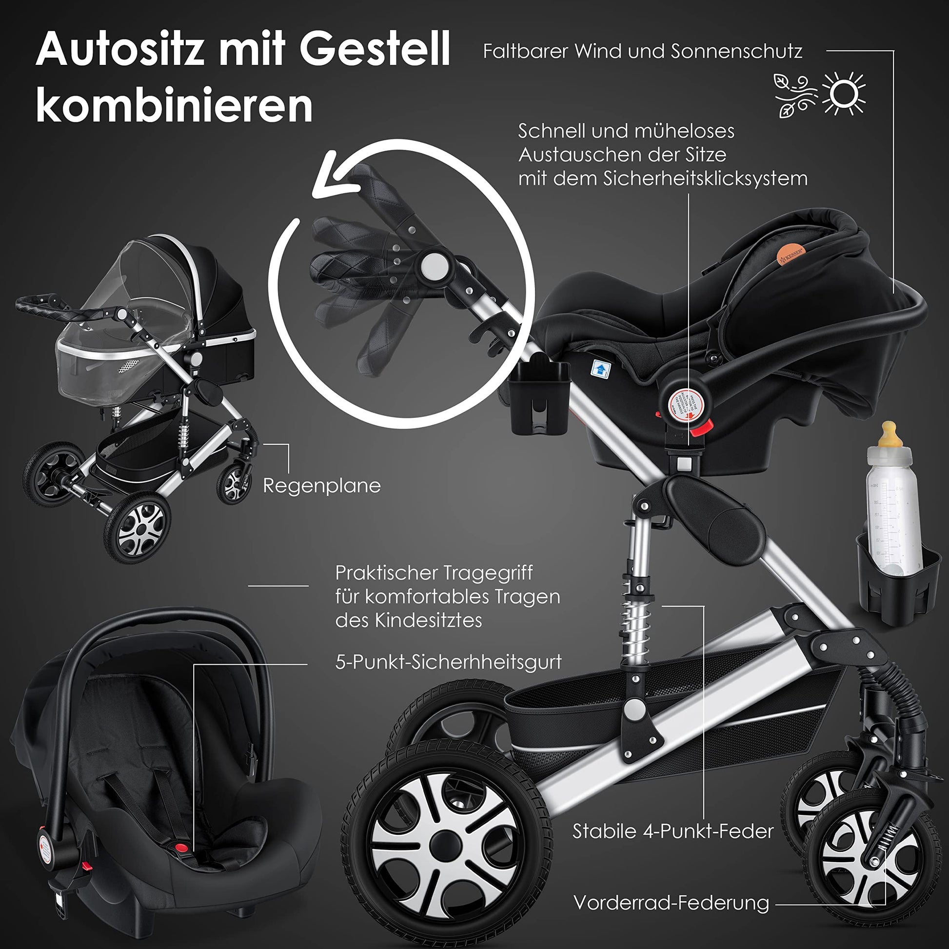 KESSER® Loops 3 in 1 Kinderwagen Kombikinderwagen Komplett-Set inkl. Babywanne & Buggy Sportsitz & Auto-Babyschale Voll-Gummireifen Wickeltasche Regenschutz Kindertisch ECE R129, Schwarz/Champagne - Meloni2