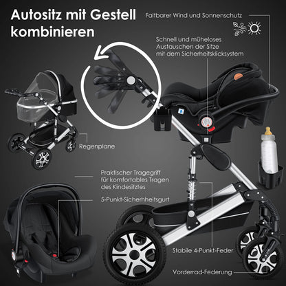 KESSER® Loops 3 in 1 Kinderwagen Kombikinderwagen Komplett-Set inkl. Babywanne & Buggy Sportsitz & Auto-Babyschale Voll-Gummireifen Wickeltasche Regenschutz Kindertisch ECE R129, Schwarz/Champagne - Meloni2