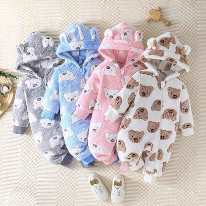 Yanmucy Newborn Baby Winter Romper with Hood Cartoon Bear Baby Snowsuit Warm Fleece Zip Baby Girl Boy Jumpsuit 0-18 Months