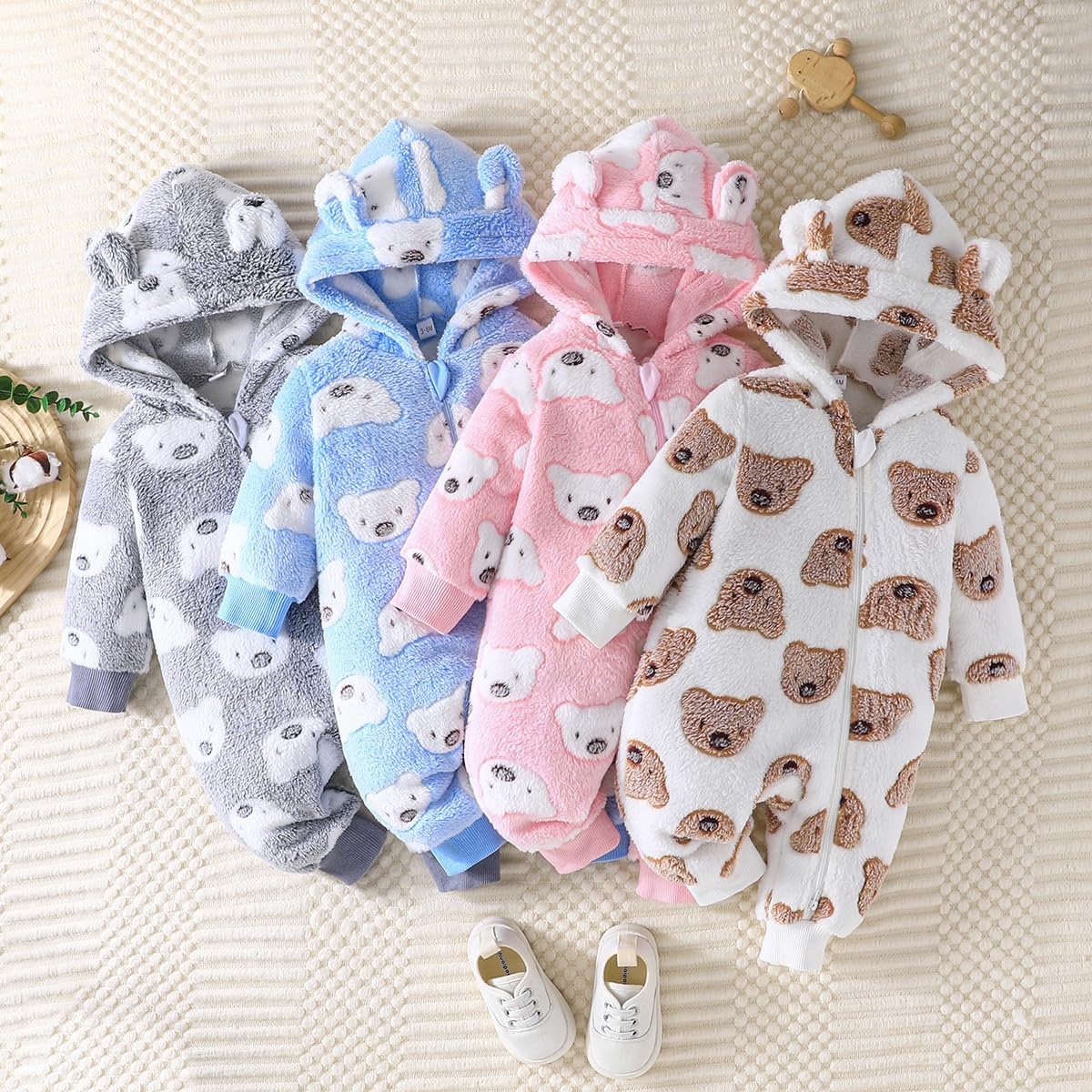 Yanmucy Newborn Baby Winter Romper with Hood Cartoon Bear Baby Snowsuit Warm Fleece Zip Baby Girl Boy Jumpsuit 0-18 Months
