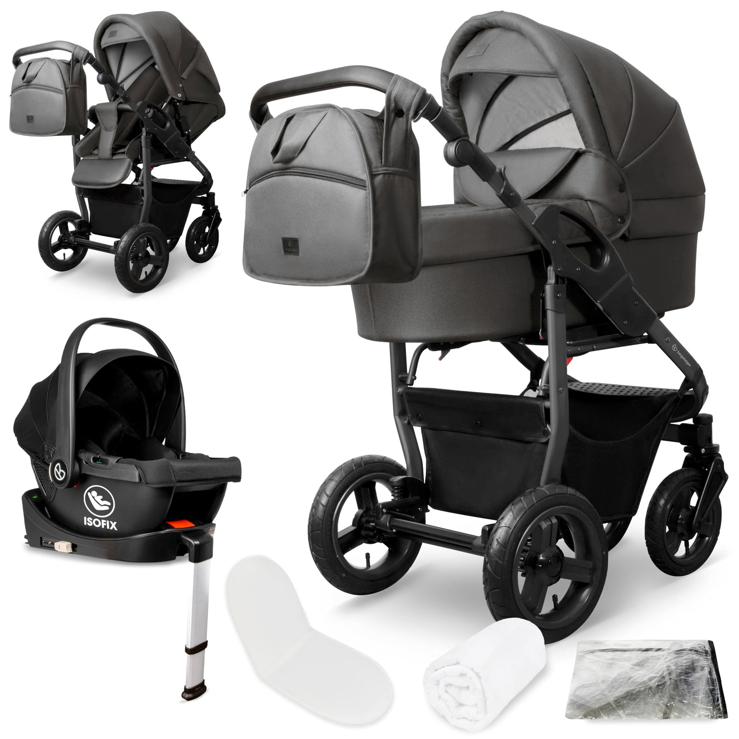 Bergsteiger Capri 3-in-1 Combination Pushchair - Baby Carrier, Sports Seat & i-Size Baby Seat, Pneumatic Tyres, Suspension, Height-Adjustable Handle, Foldable, Accessories