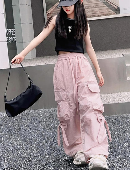 Cargo Hose Mädchen Freizeithose Baggy Hip Hop Hose mit Gummibund Schleife Leicht Dünn Sommerhose 4 Taschen Freizeit Streetwear Kinder 5-14 Jahre