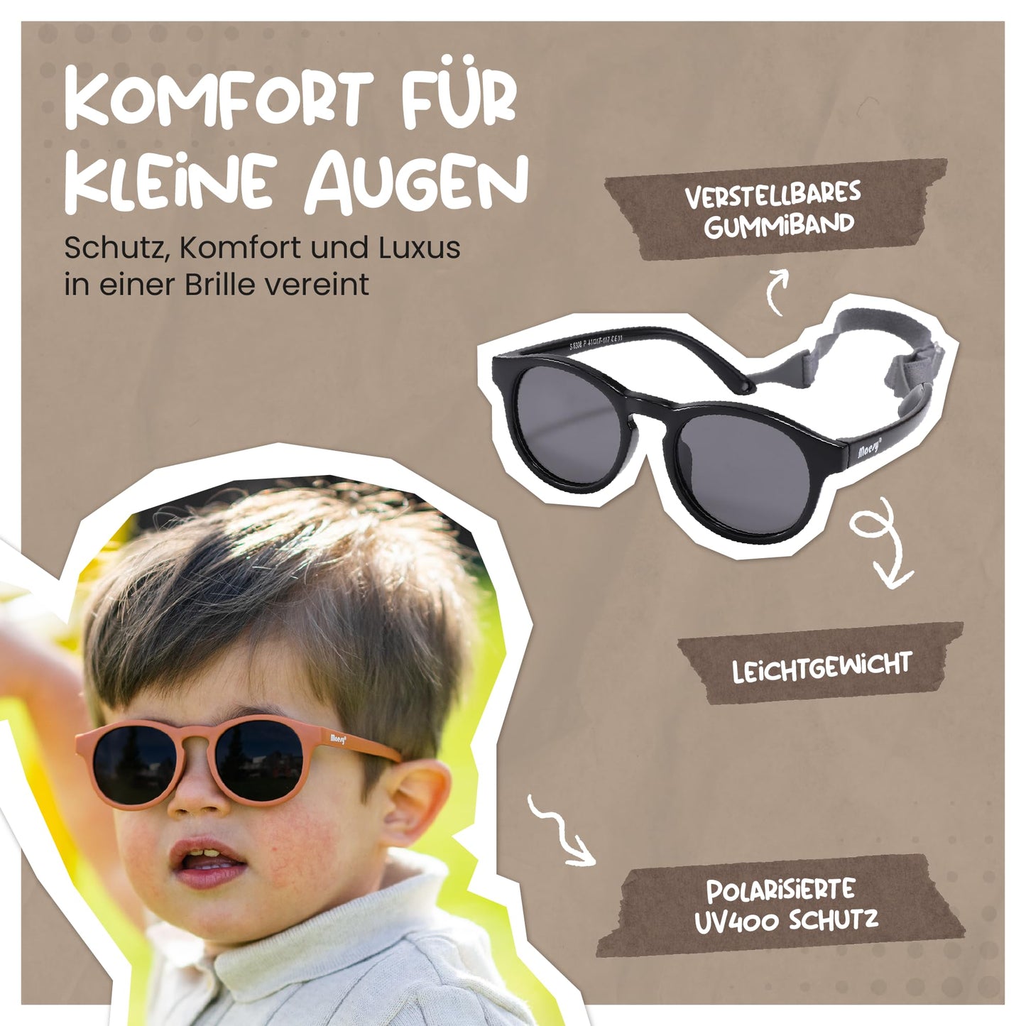 Maesy Kinder Sonnenbrille für Kleinkind und Baby - 1-3 Jahre - UV400 Polarisierter Schutz - Flexibler und Biegsamer Rahmen - Verstellbares Gummiband - Sichere und Bequeme Kindersonnenbrille - Bowi