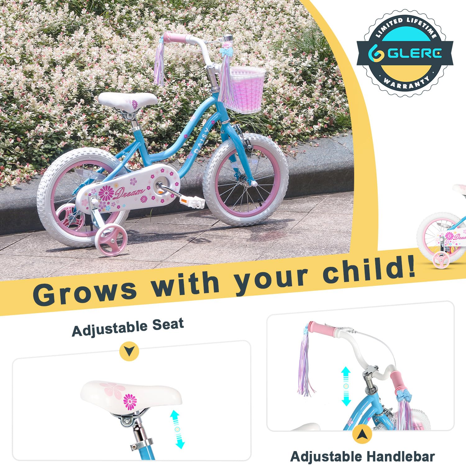 Glerc Kinderfahrrad 12/14/16 Zoll für 2-7 Jahre Mädchen Fahrrad mit Korb, Luftschlangen, Stützräder und Glocke - Meloni2