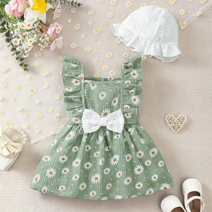 Kleinkind Baby Mädchen Sommer Kleid Outfit Rüschenärmel Herz/Blumenmuster Boho Kleider Niedliches Baby Sommerkleid mit Hut