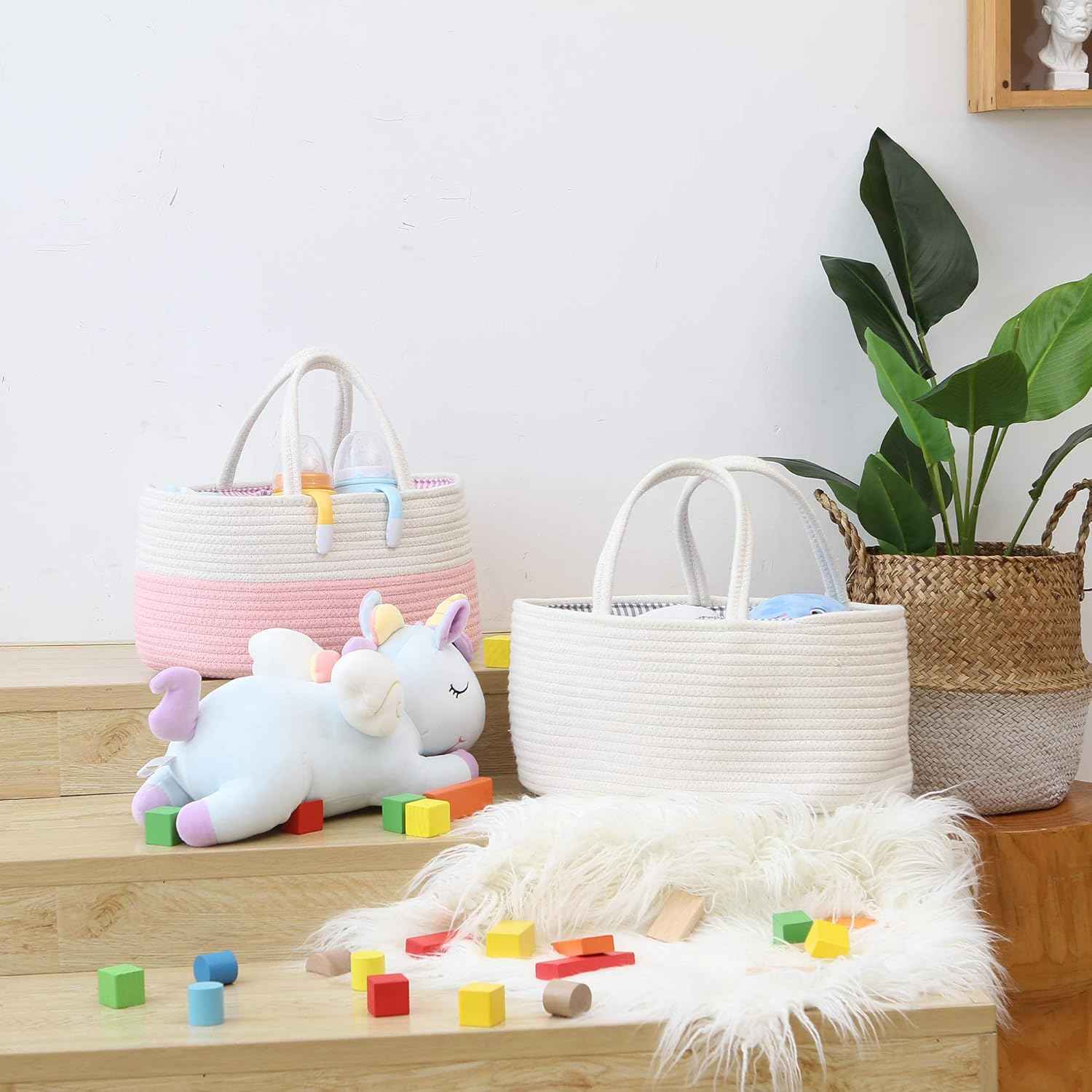 Hinwo Baby Nappy Caddy Triple Infant Nursery Shopping Bag Portable Car Organiser Newborn Shower Gift Basket Cotton Rope with Removable Divider for Nappies & Wipes