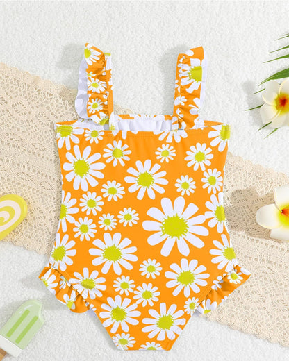 JiAmy Einteiliger Mädchen Badeanzug Blumenmuster Rüschen Elastischen Trägern Ärmellos Kleinkinder Schwimmkleidung für 2–7 Jahre/92-122