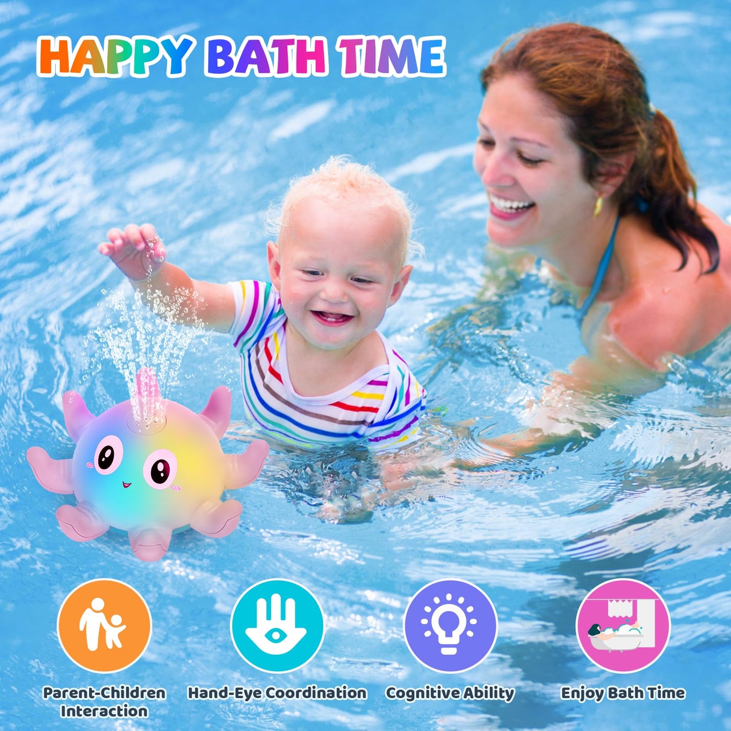 Jovicos Bath Toy, Octopus Spray Water Toy with Light, Bath Toy Baby from 1 Year, Bath Time Toy Children Gift (Blue)