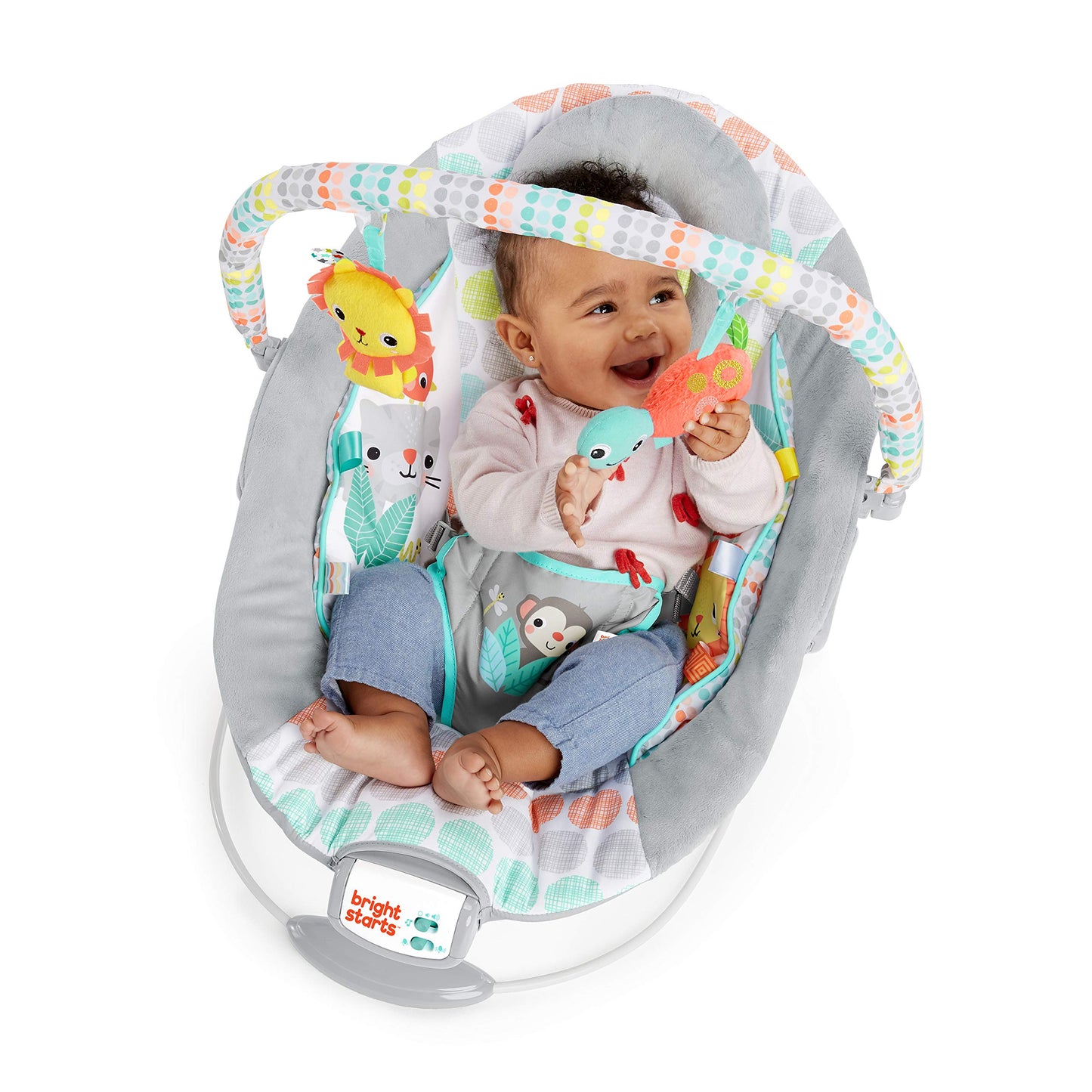 Bright Starts, Babywippe Babyschaukel mit beruhigenden Vibrationen, Babysitz, Musik, abnehmbarer Spielbügel, 0-6 Monate, bis zu 20 lbs (Whimsical Wild)
