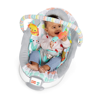 Bright Starts, Babywippe Babyschaukel mit beruhigenden Vibrationen, Babysitz, Musik, abnehmbarer Spielbügel, 0-6 Monate, bis zu 20 lbs (Whimsical Wild)