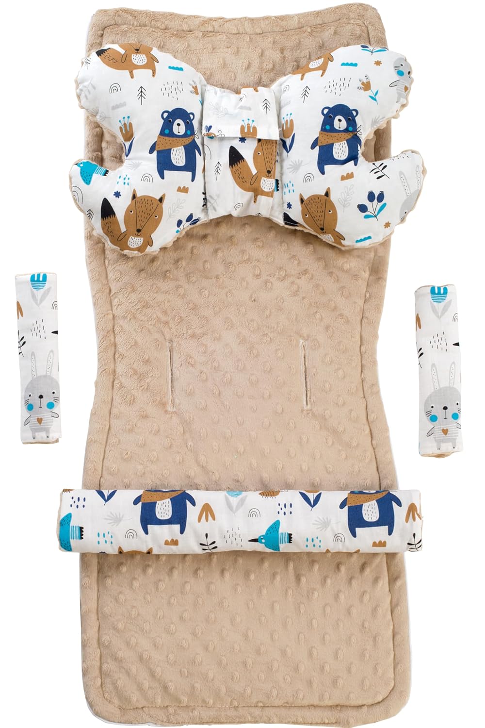 Sitzauflage Kinderwagen Buggy Baby Sommer Kindersitz Einlage Universal - 5tgl Gurtpolster + Spielbogen Kinderwagenset Babyschale (Safari mit beige Minky)
