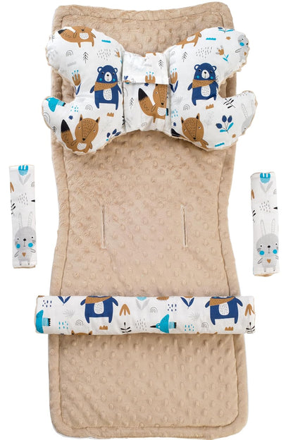 Sitzauflage Kinderwagen Buggy Baby Sommer Kindersitz Einlage Universal - 5tgl Gurtpolster + Spielbogen Kinderwagenset Babyschale (Safari mit beige Minky)