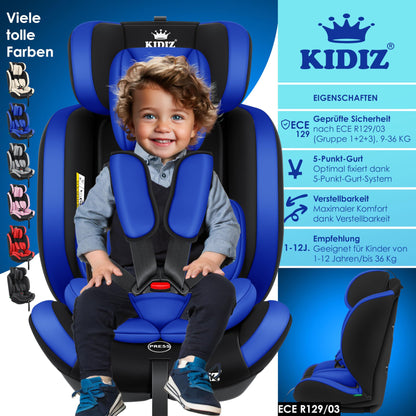 KIDIZ® Autokindersitz Kinderautositz Gruppe 1+2+3 9-36 kg 5-Punkt-Sicherheitsgurt, Autositz, Kindersitz, Einstellbare Kopfstütze, Mitwachsende Sitzerhöhung 1-12 Jahre, Stabil und Sicher