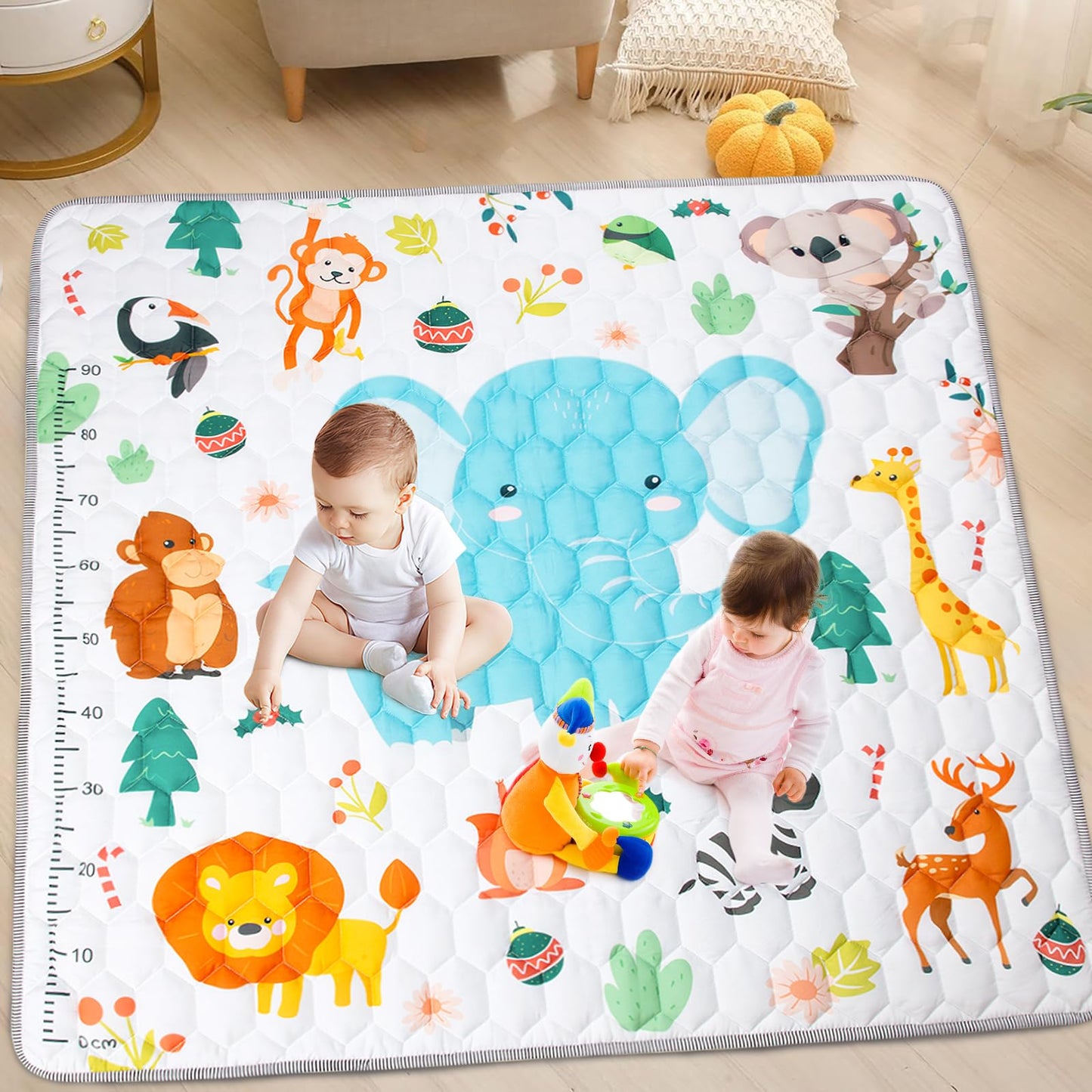 Funsland crawling carpet for babies, non-slip baby play mat, non-toxic 127x127cm, cotton animal crawling mat for babies, foldable with a height ruler, children's play mat for indoors/outdoors/fences 