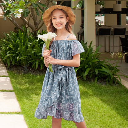 cenozo Casual Dresses for Girls, Chiffon Floral Dress, Off-the-Shoulder Summer Dress with Adjustable Straps, Leisure with Ruffle Sleeves, for Girls Aged 6 to 14 Years