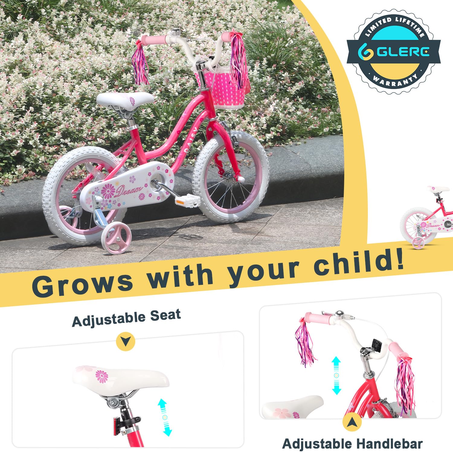 Glerc Kinderfahrrad 12/14/16 Zoll für 2-7 Jahre Mädchen Fahrrad mit Korb, Luftschlangen, Stützräder und Glocke - Meloni2