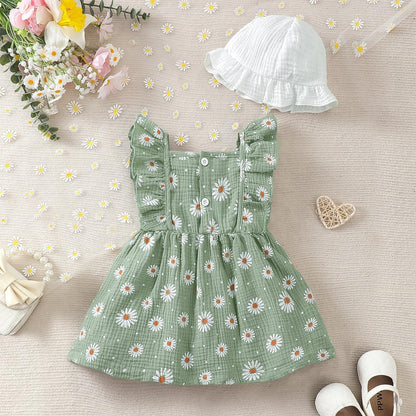 Kleinkind Baby Mädchen Sommer Kleid Outfit Rüschenärmel Herz/Blumenmuster Boho Kleider Niedliches Baby Sommerkleid mit Hut
