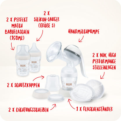 NUK Perfect Match Complete Feeding Set | Ab 0 Monate | Vario Express-Sterilisator, 4 Babyflaschen, Flaschenwärmer, Flaschenbürste und mehr | Regenbogen | 8 Stück