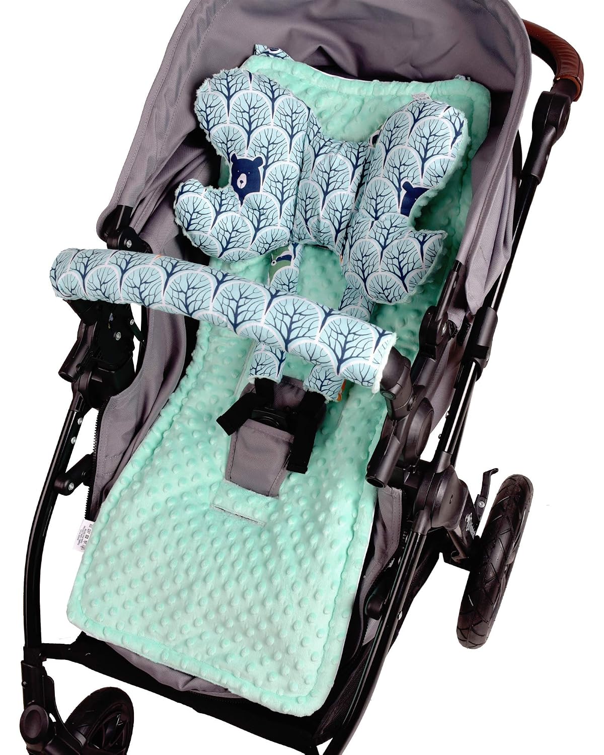 Sitzauflage Kinderwagen Buggy Baby Sommer Kindersitz Einlage Universal - 5tgl Gurtpolster + Spielbogen Kinderwagenset Babyschale (Safari mit beige Minky)
