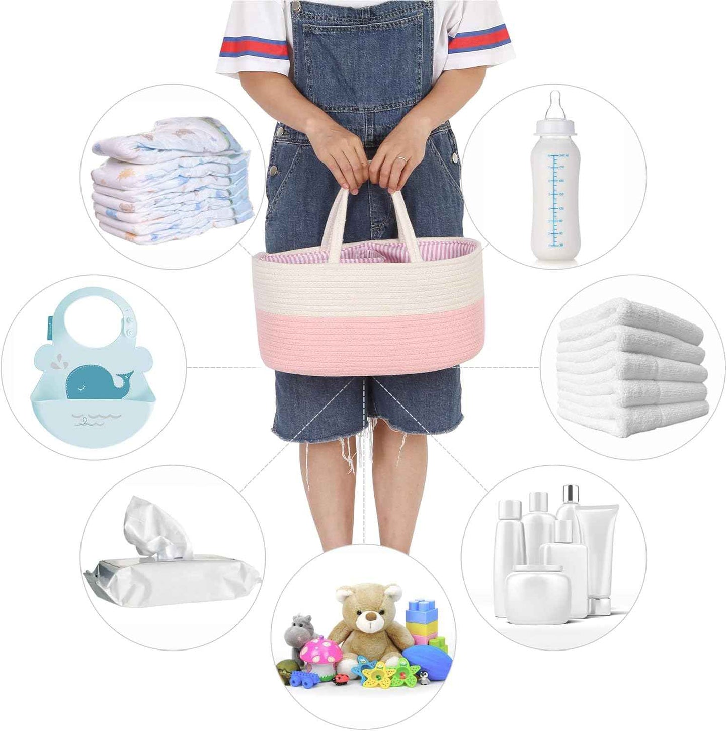 Hinwo Baby Nappy Caddy Triple Infant Nursery Shopping Bag Portable Car Organiser Newborn Shower Gift Basket Cotton Rope with Removable Divider for Nappies & Wipes